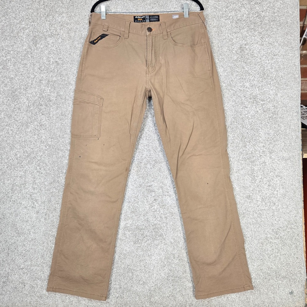 Ariat Rebar M4 Pants Mens 32x32 Khaki tan Relaxed Straight Workwear paint stains
